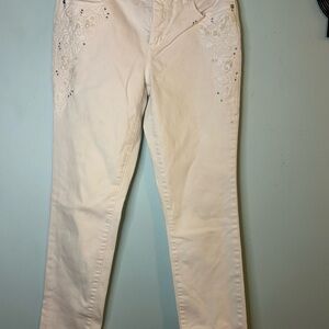Chico's Cream Straight Leg Jeans with Embroidery